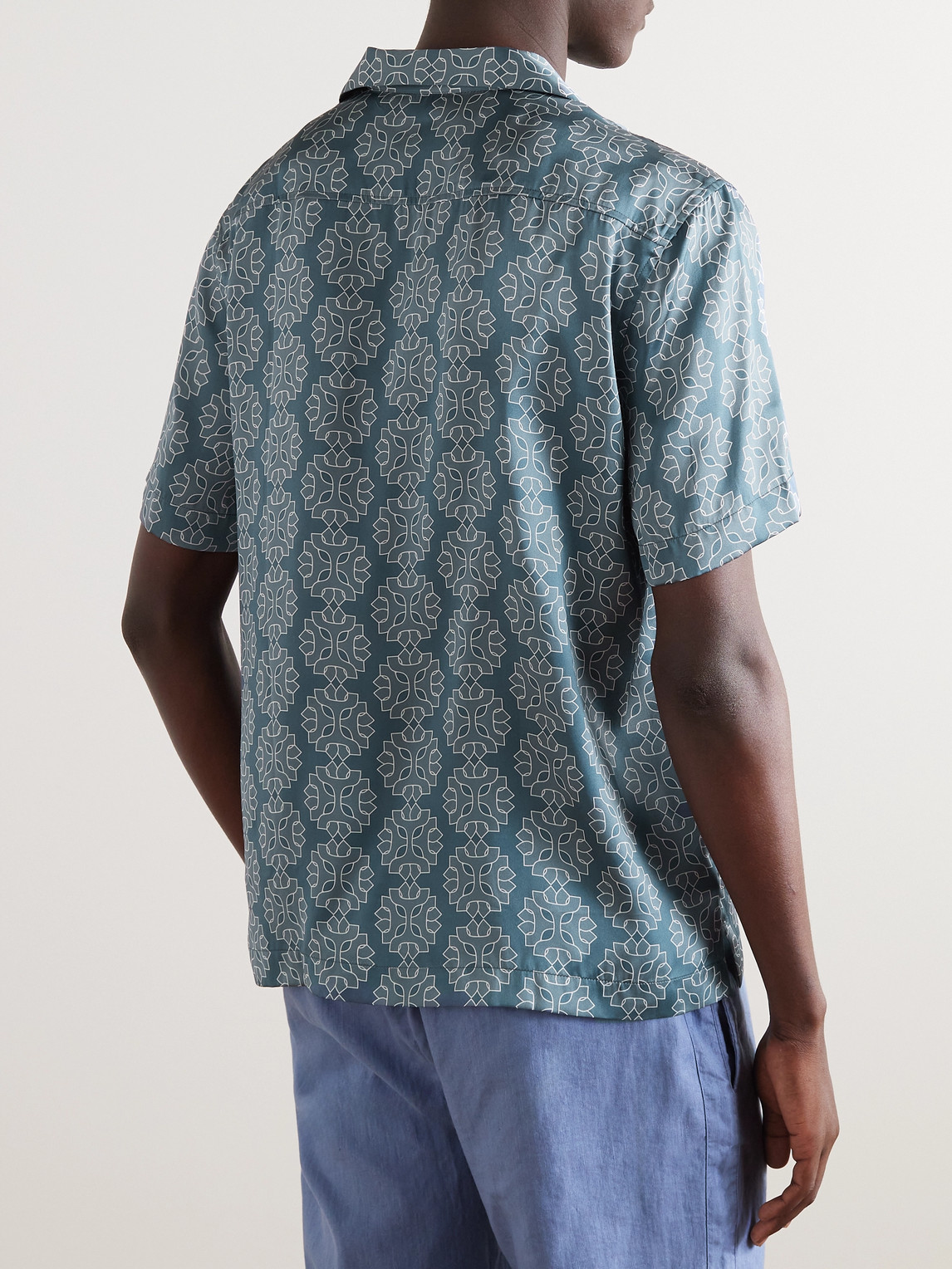 Shop Frescobol Carioca Roberto Camp-collar Printed Silk Shirt In Blue