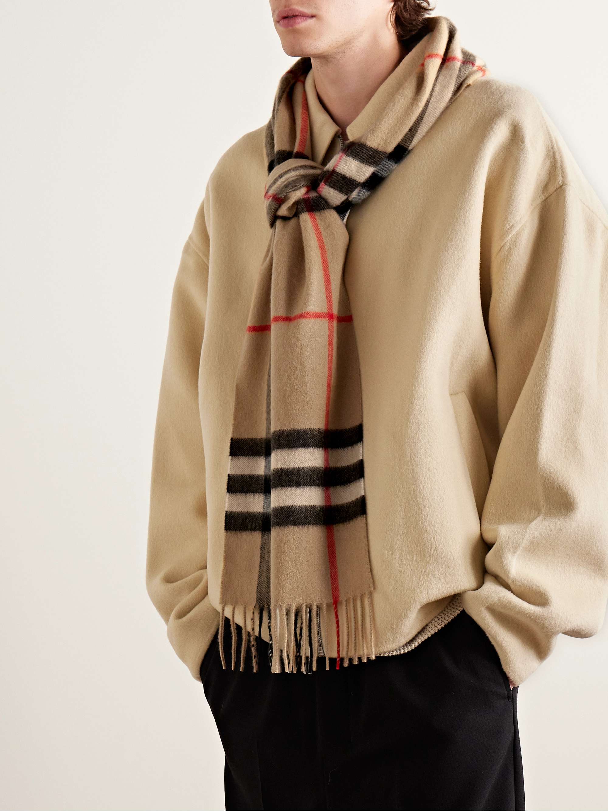 Burberry - Men - Fringed Checked Wool and Cashmere-Blend Scarf Gray