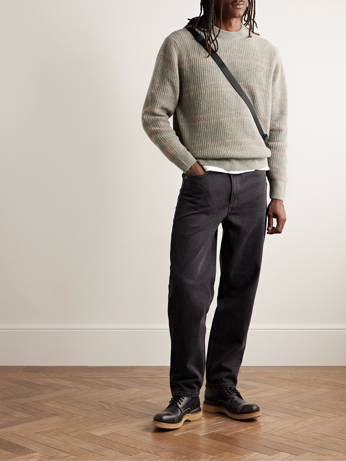 Shop Nudie Jeans Gurra Striped Ribbed Wool Sweater In Green