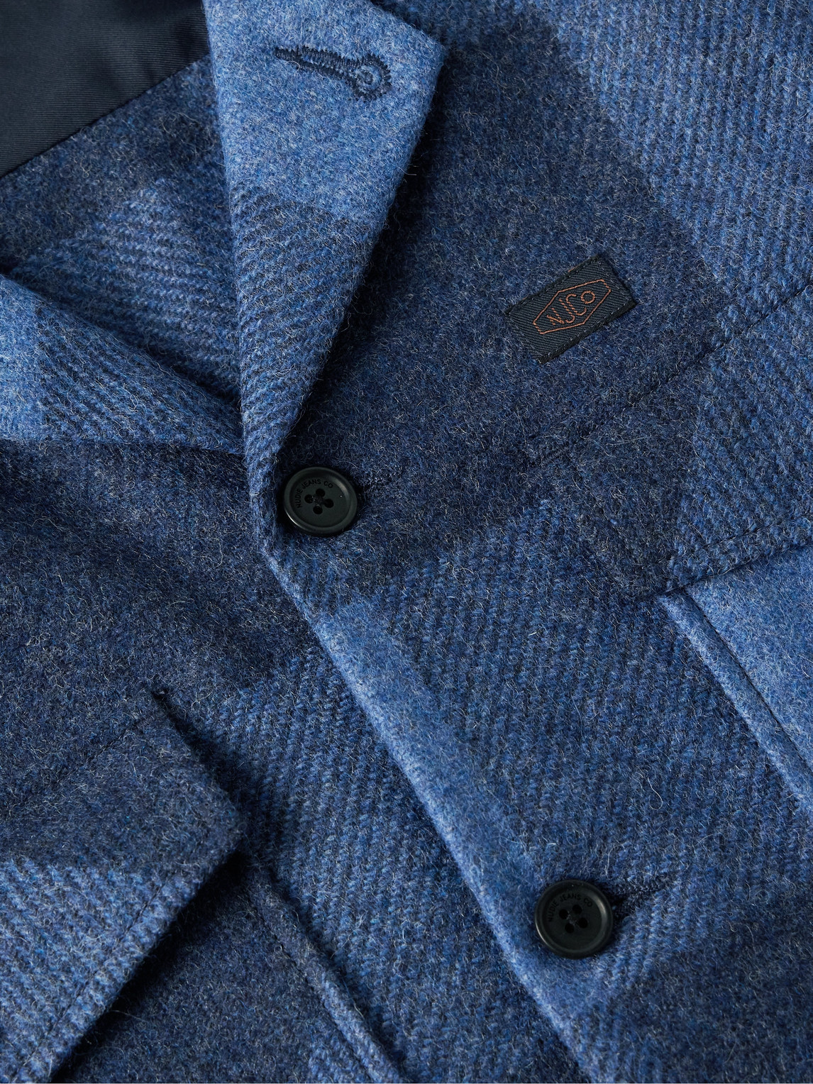 Shop Nudie Jeans Vincent Camp-collar Checked Wool-blend Overshirt In Blue