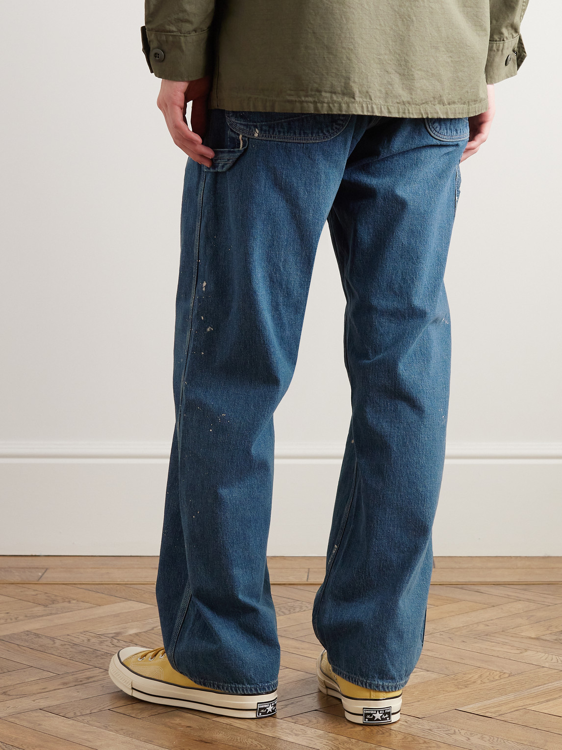 Shop Orslow Paint-splattered Straight-leg Selvedge Jeans In Blue