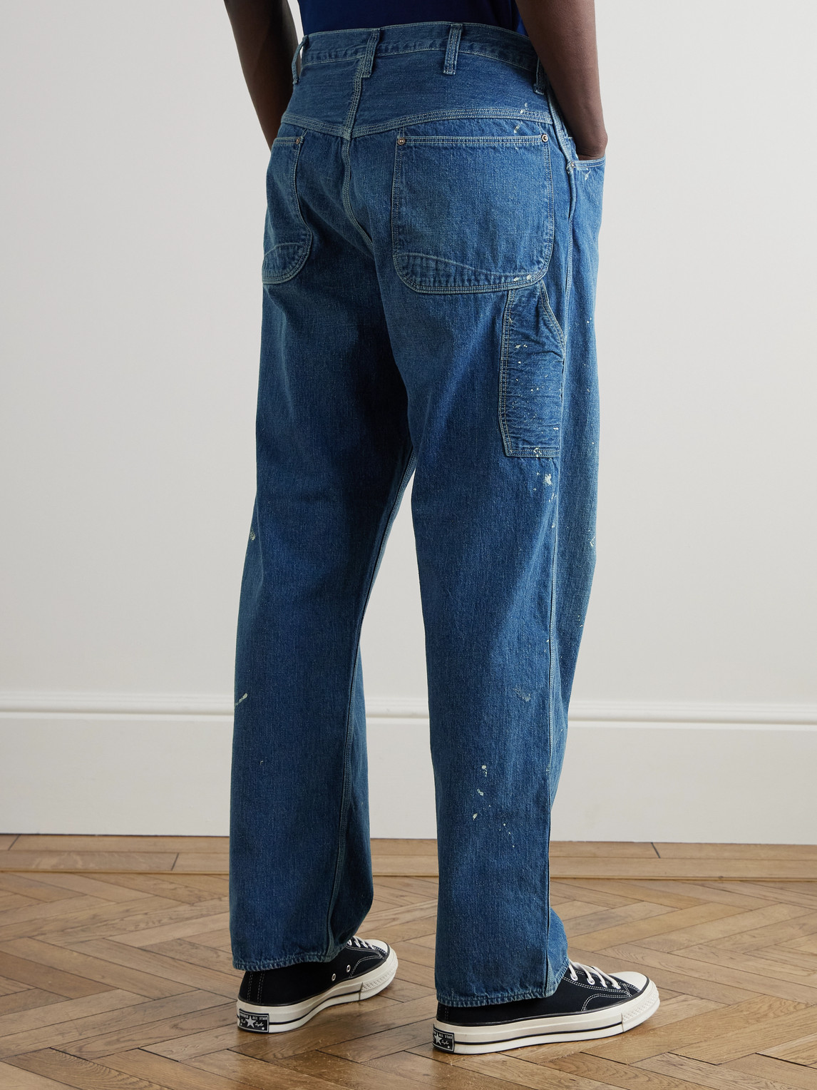 Shop Orslow Paint-splattered Straight-leg Selvedge Jeans In Blue