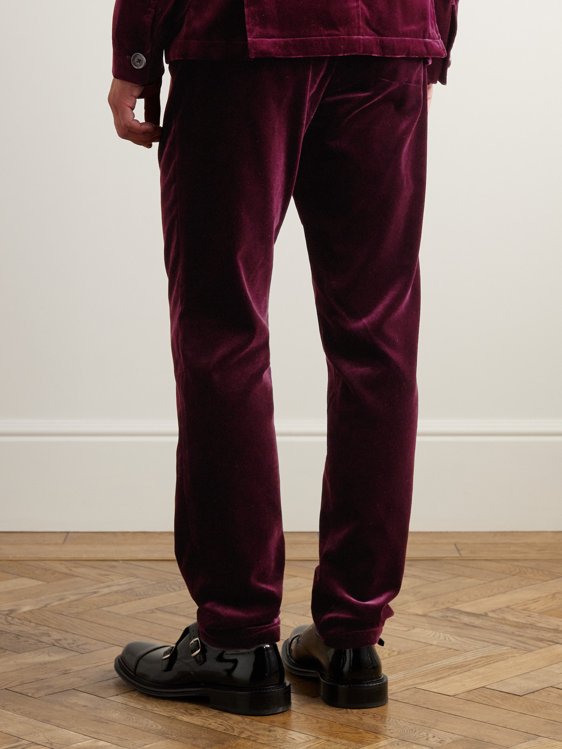 Shop Oliver Spencer Fishtail Slim-fit Cotton-velvet Suit Trousers In Burgundy