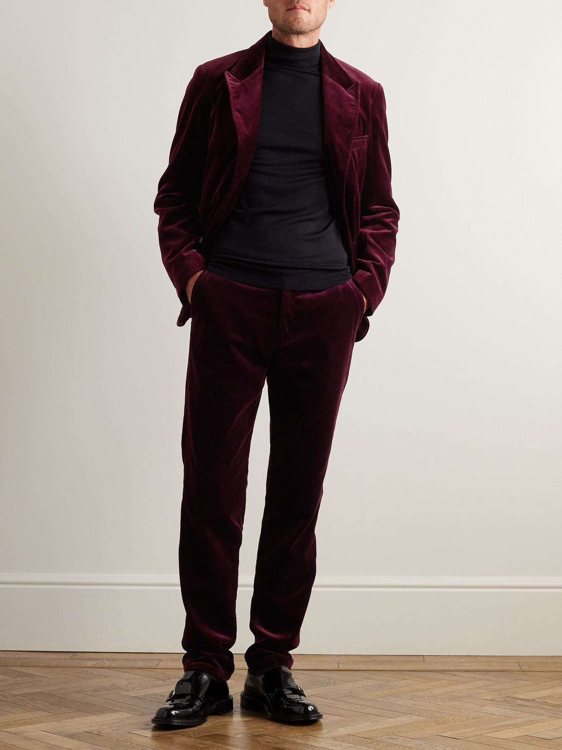 Shop Oliver Spencer Fishtail Slim-fit Cotton-velvet Suit Trousers In Burgundy