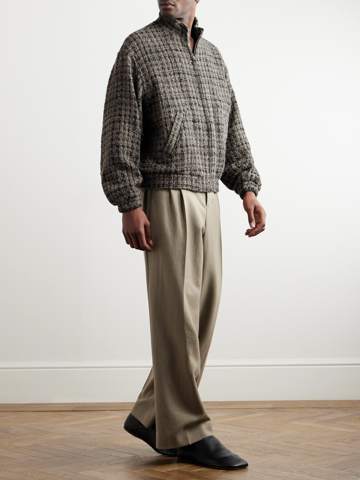 Shop Auralee Wool-blend Tweed Bomber Jacket In Gray