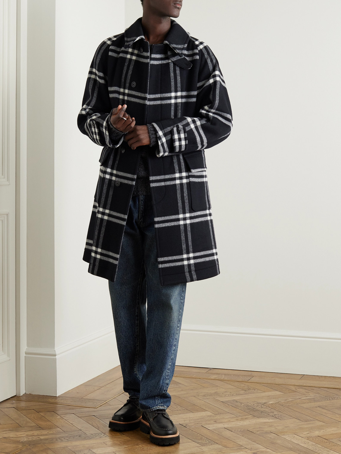 Shop Kaptain Sunshine Throwing Fits Checked Wool-flannel Coat In Black