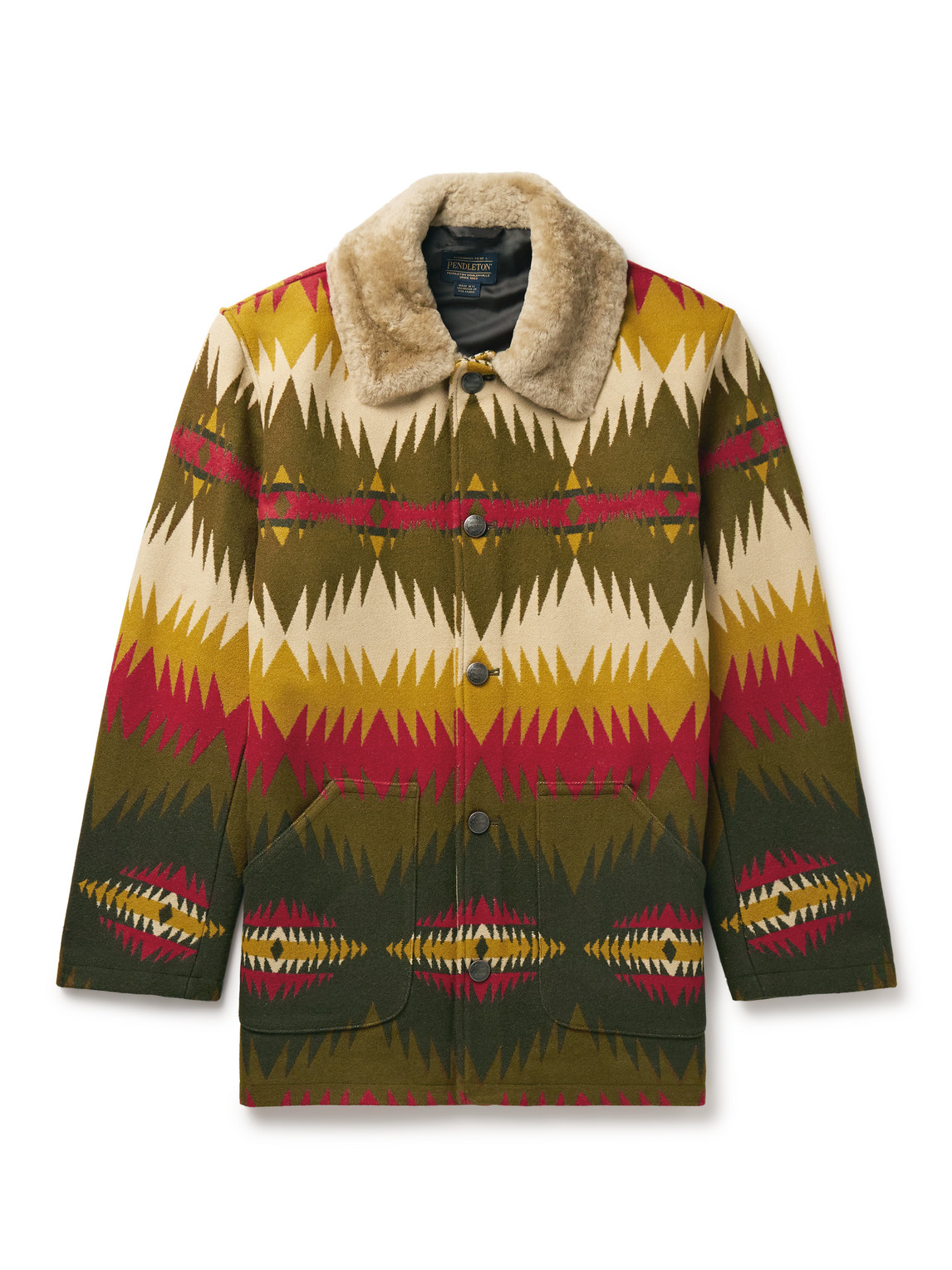 Pendleton Brownsville Faux Shearling-trimmed Wool And Cotton-blend Jacquard Coat In Green