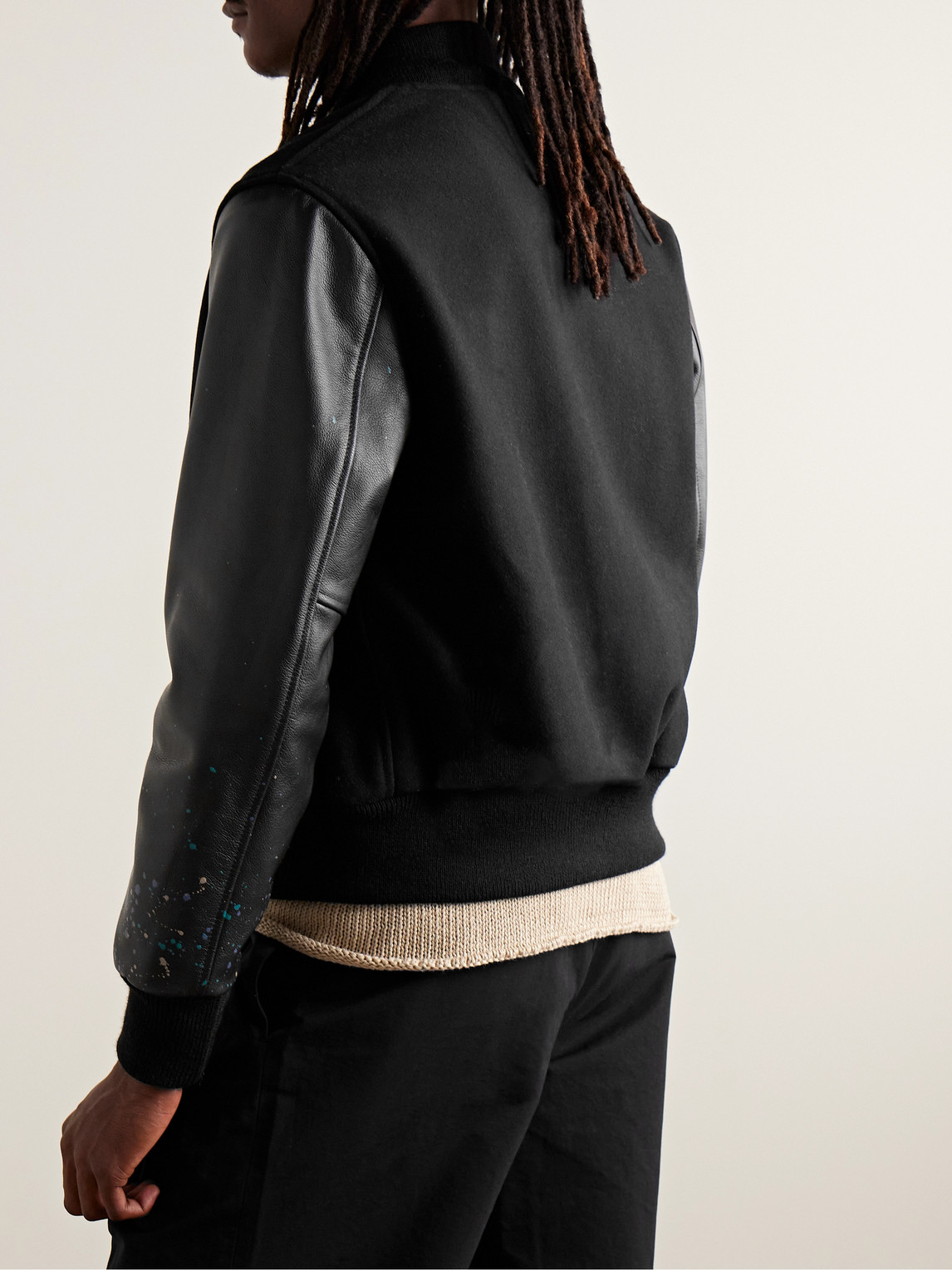 Shop Golden Bear The Albany Wool-blend And Paint-splattered Leather Bomber Jacket In Black