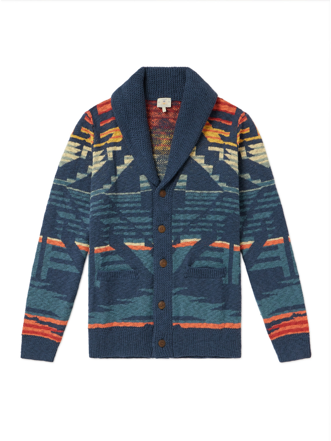 FAHERTY LEHI THUNDERVOICE EAGLE SHAWL-COLLAR PRINTED ORGANIC COTTON CARDIGAN