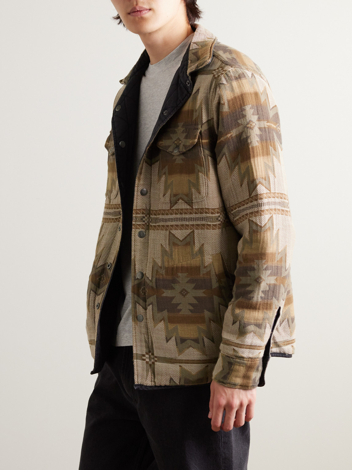 Shop Faherty Doug Good Feather Bondi Reversible Quilted Organic Cotton-jaquard Jacket In Brown