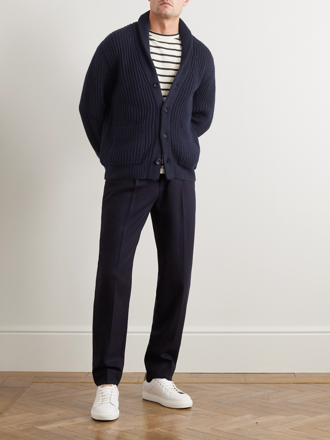 Shop Allude Shawl-collar Ribbed Cashmere Cardigan In Blue