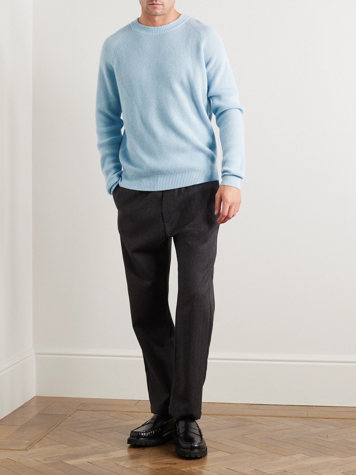 Shop Allude Ribbed Stretch-cashmere Sweater In Blue