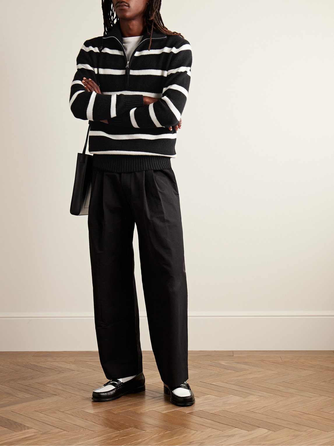 Shop Allude Striped Wool And Cashmere-blend Half-zip Sweater In Black