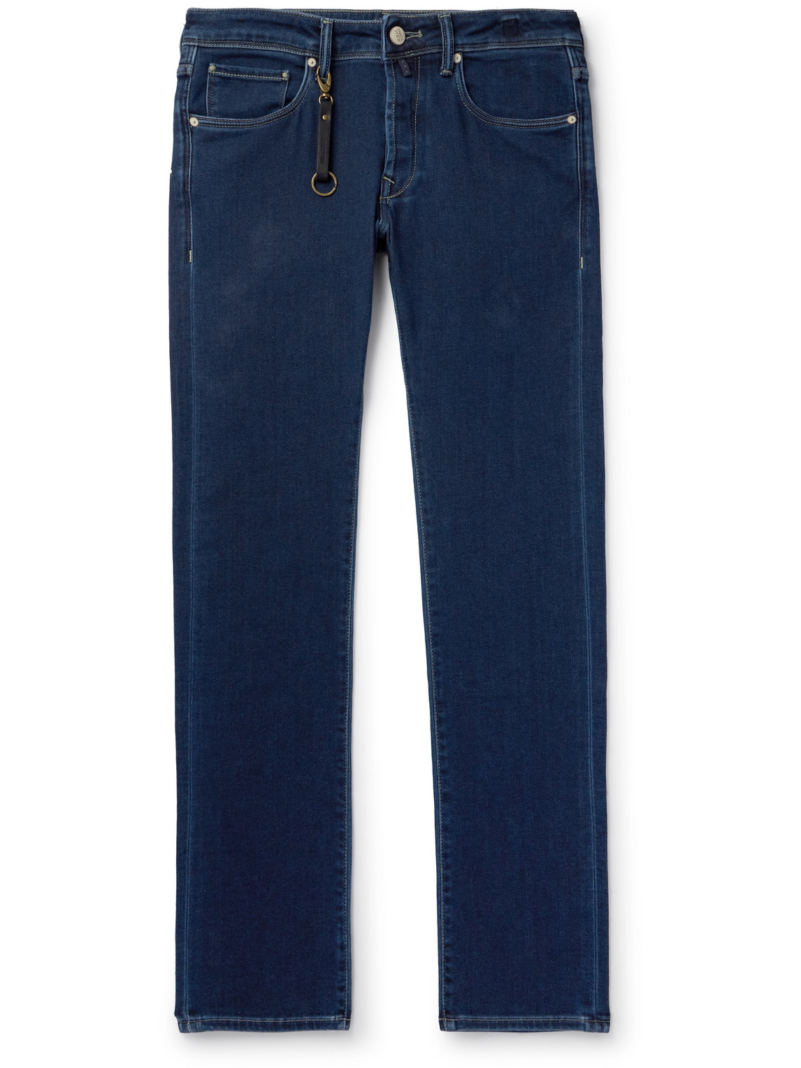 Incotex Leather-trimmed Straight-leg Jeans In Blue
