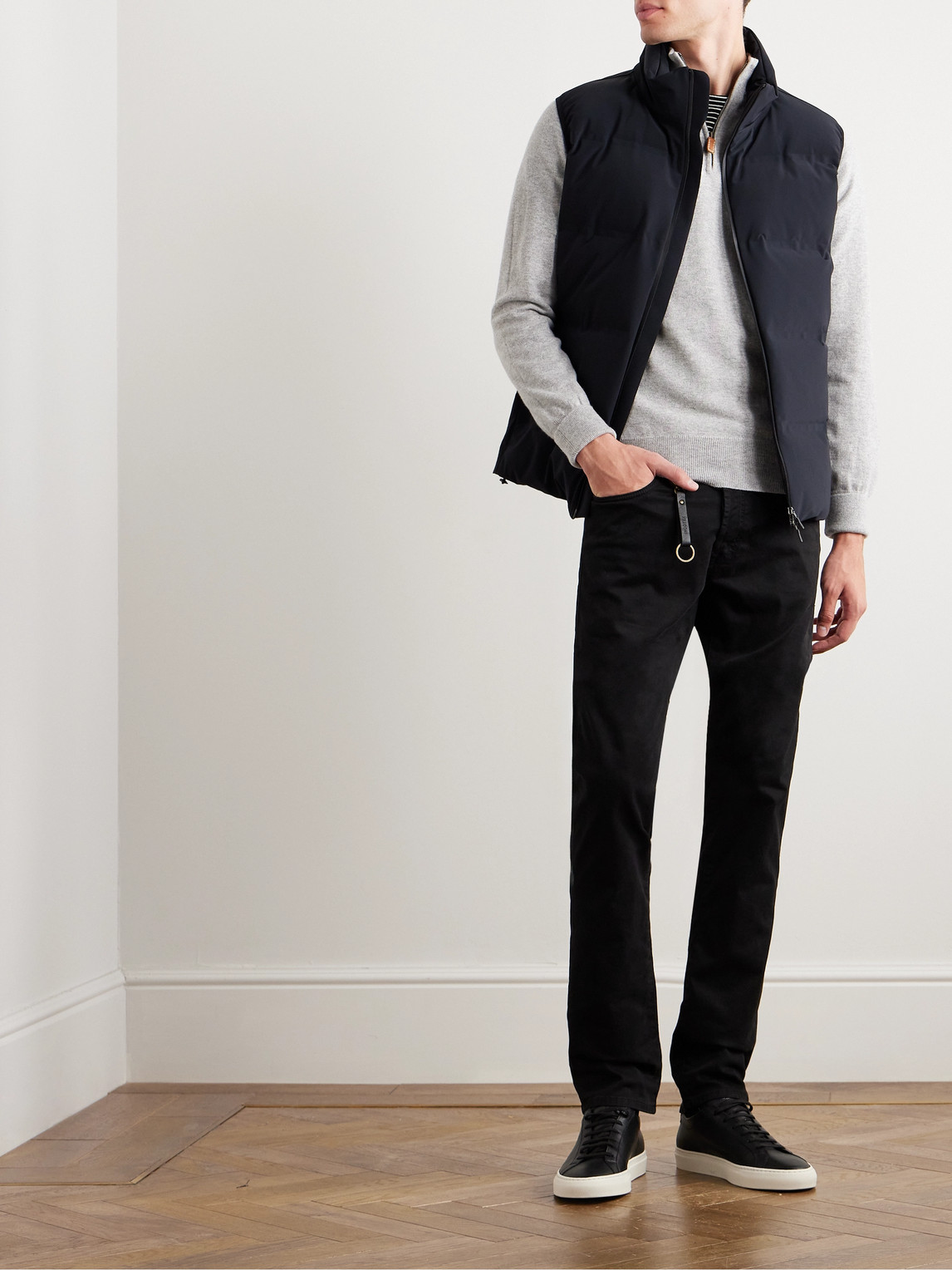 Shop Incotex Leather-trimmed Straight-leg Jeans In Black