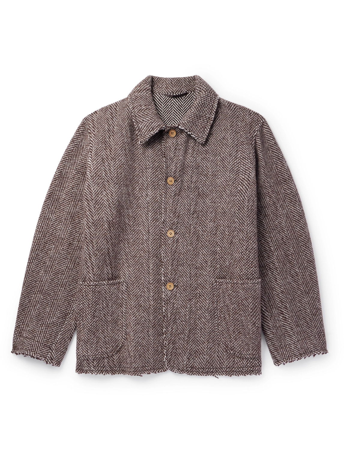 Distressed Herringbone Wool Tweed Coat