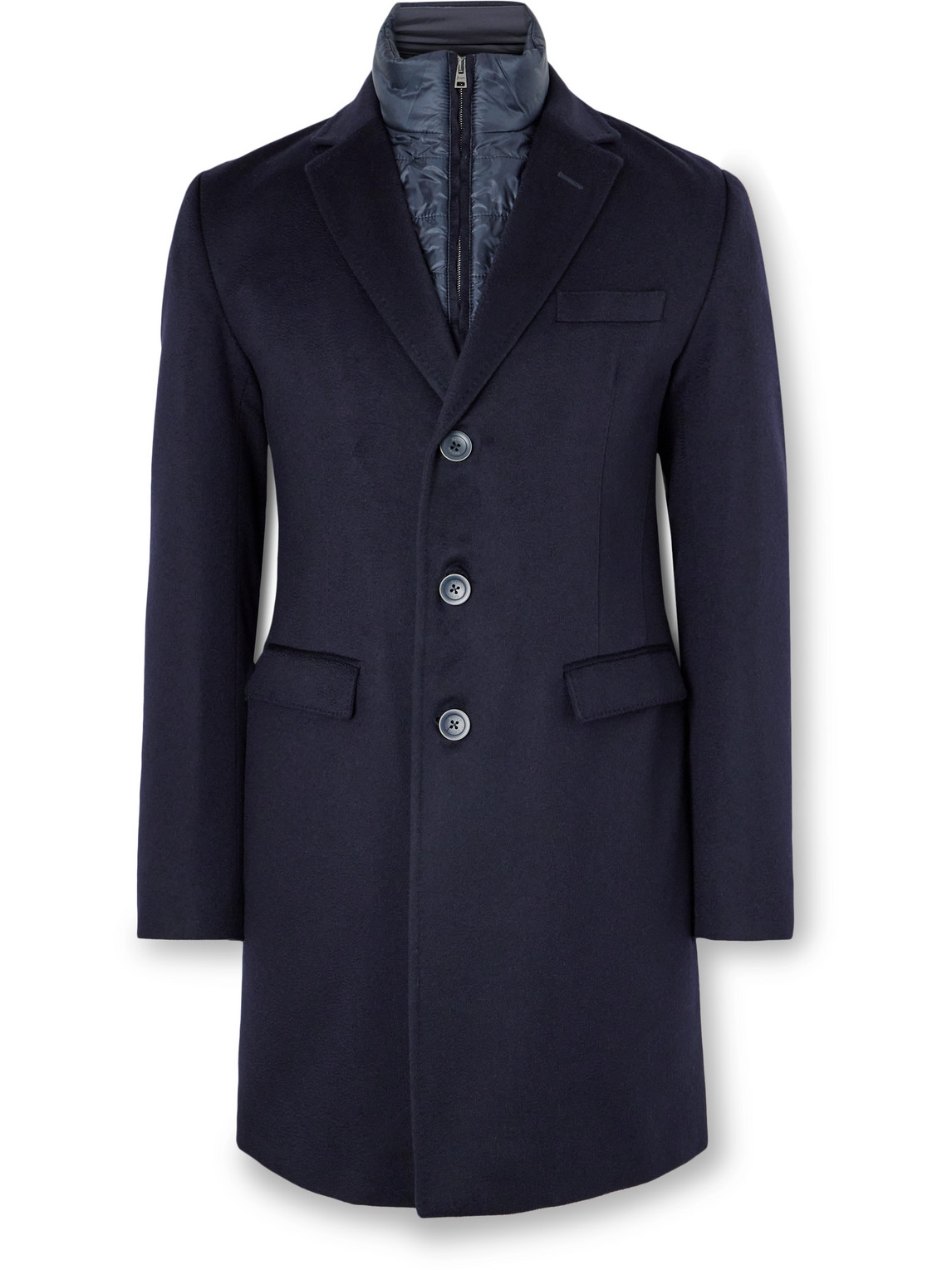 Herno Cashmere Overcoat With Detachable Quilted Shell Bib In Blue