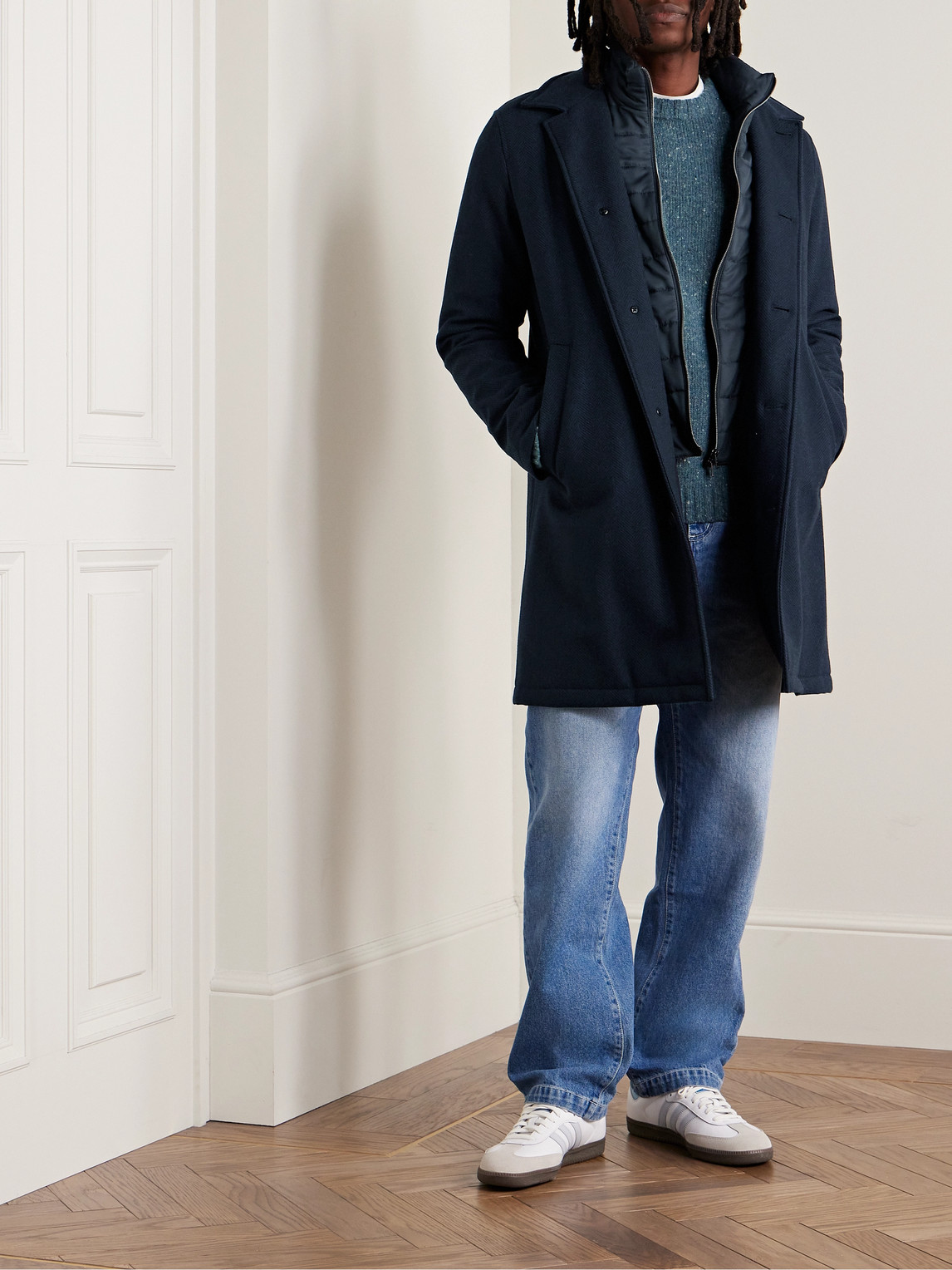 Shop Herno Herringbone Wool And Shell Coat With Detachable Gilet In Blue