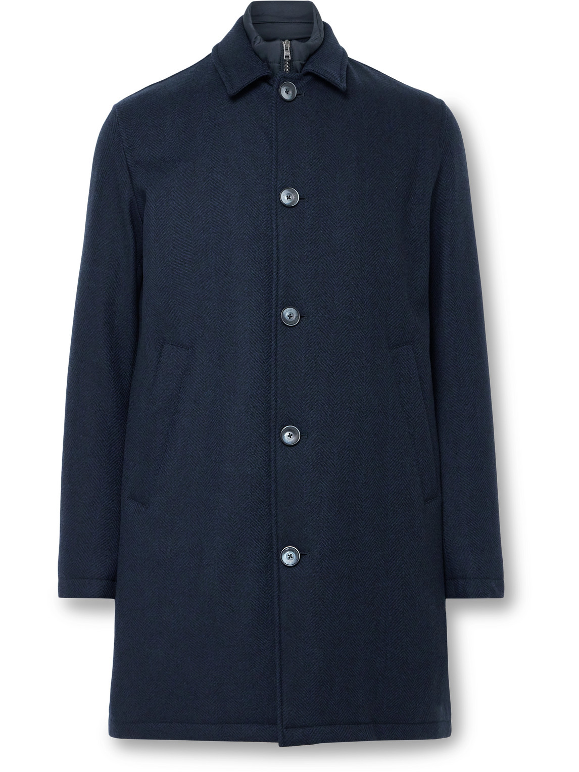Herno Herringbone Wool And Shell Coat With Detachable Gilet In Blue