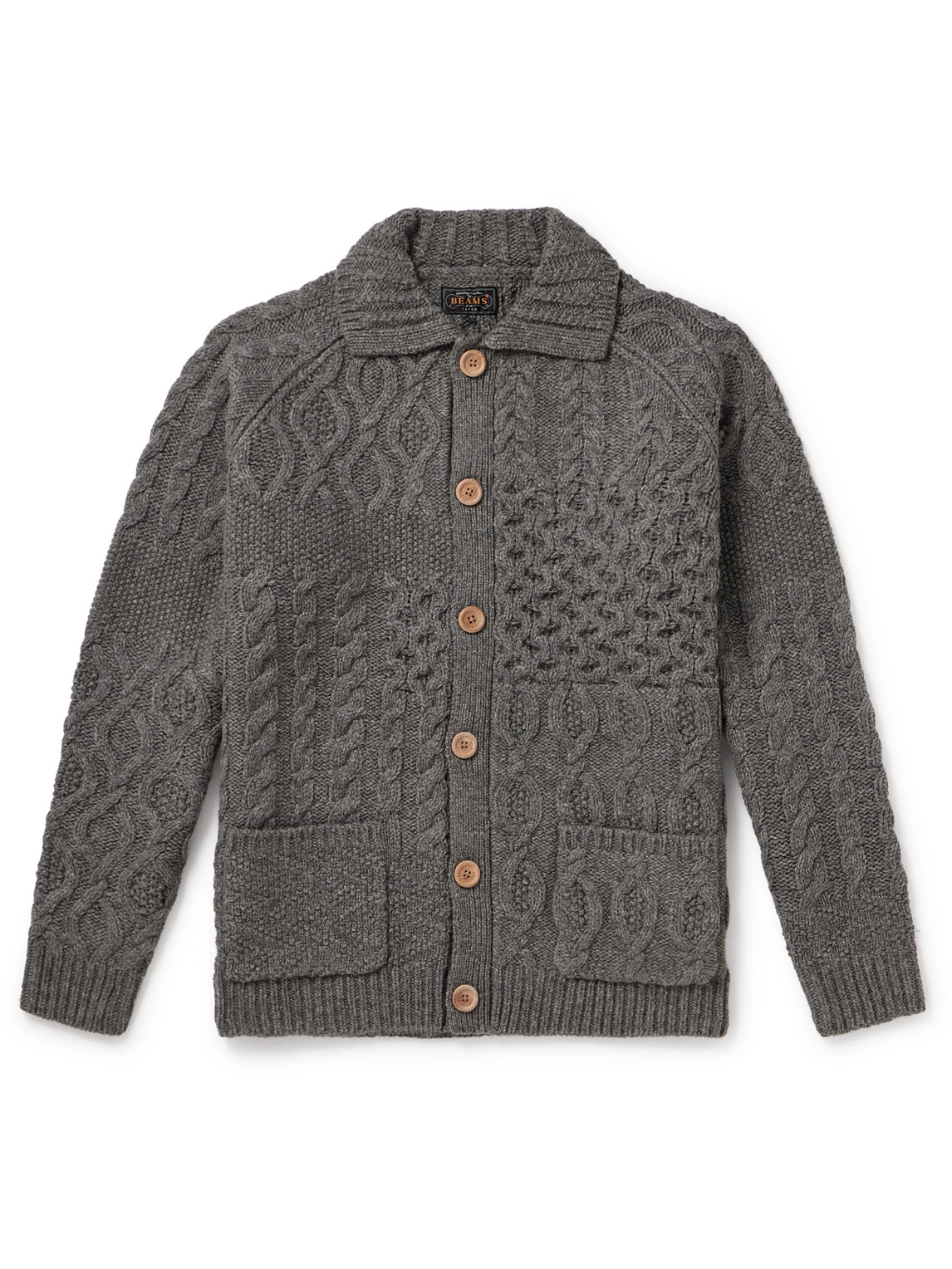 Shop Beams Alan Patchwork Cable-knit Wool Cardigan In Gray