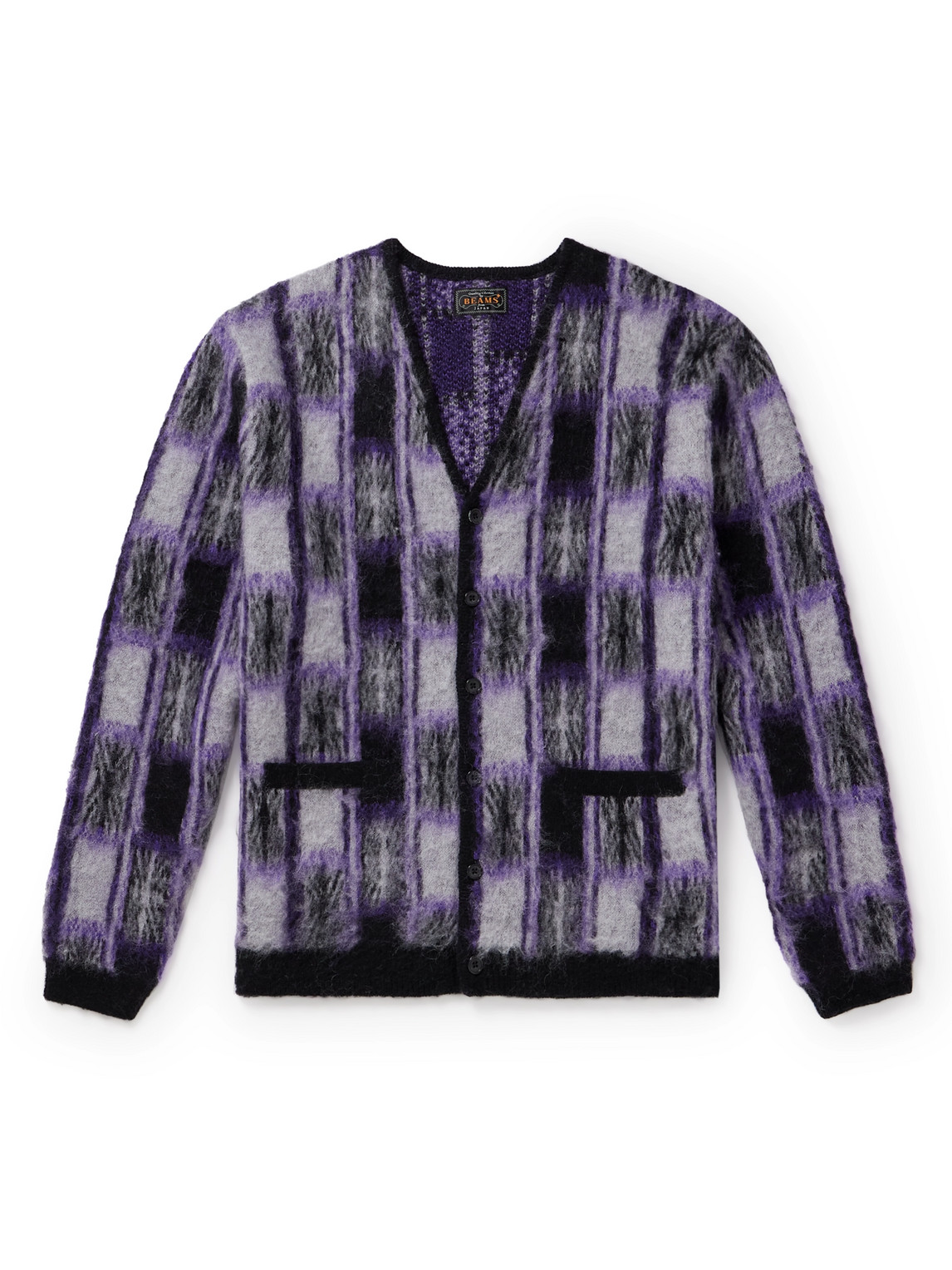 Beams Checked Jacquard-knit Cardigan In Purple