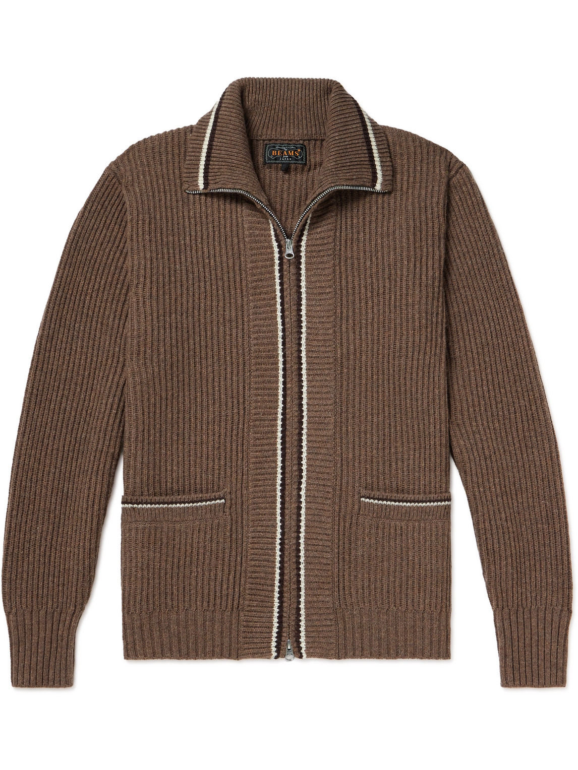 Beams Contrast-tipped Ribbed Wool-blend Cardigan In Brown