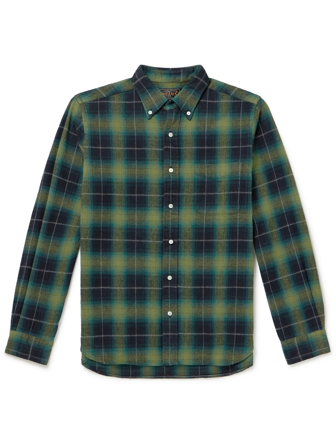 Shop Beams Button-down Collar Checked Brushed Cotton-flannel Shirt In Green