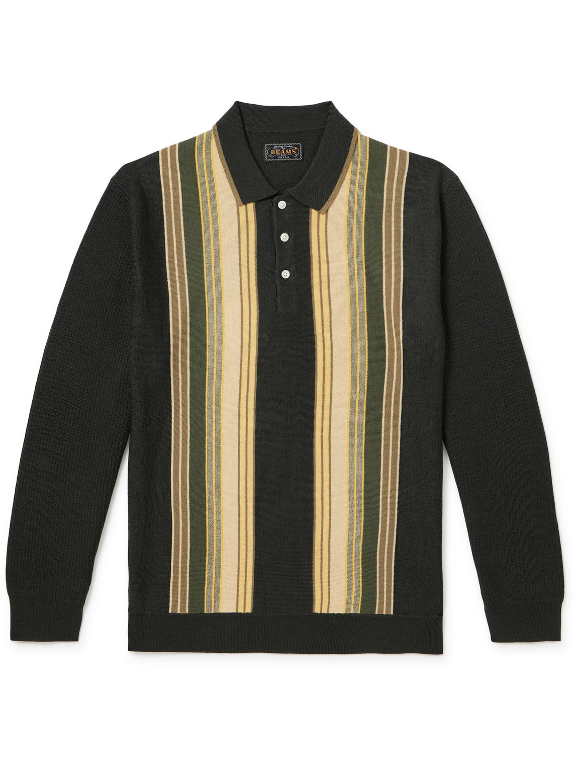 Beams Striped Wool Polo Shirt In Green