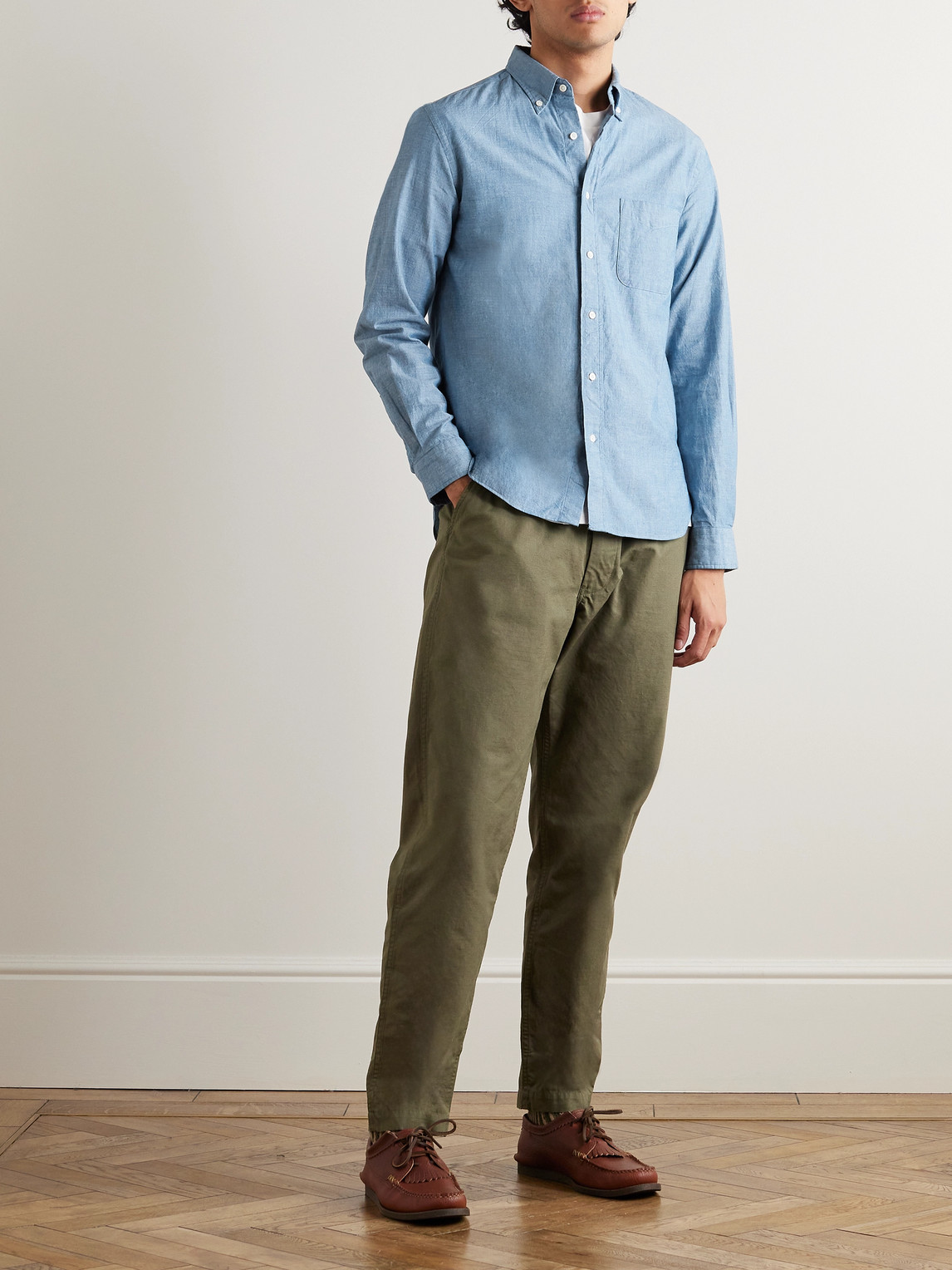 Shop Beams Button-down Collar Cotton-chambray Shirt In Blue