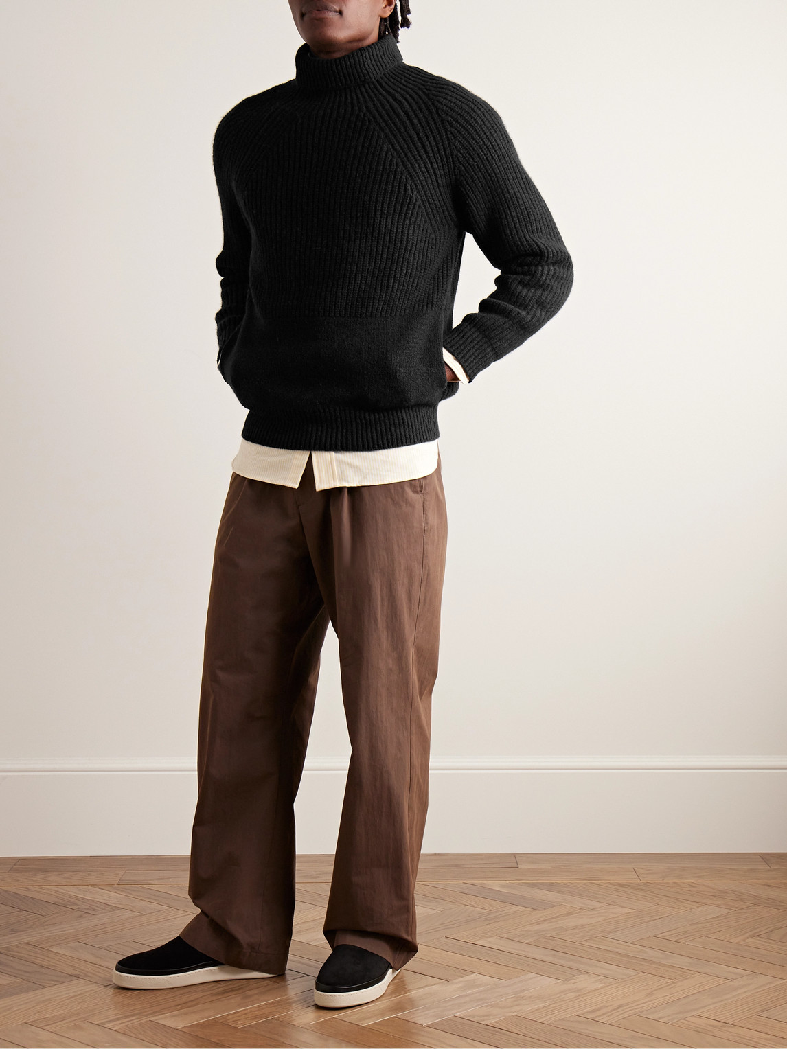 Shop Inis Meain Ribbed Merino Wool And Cashmere-blend Rollneck Sweater In Black