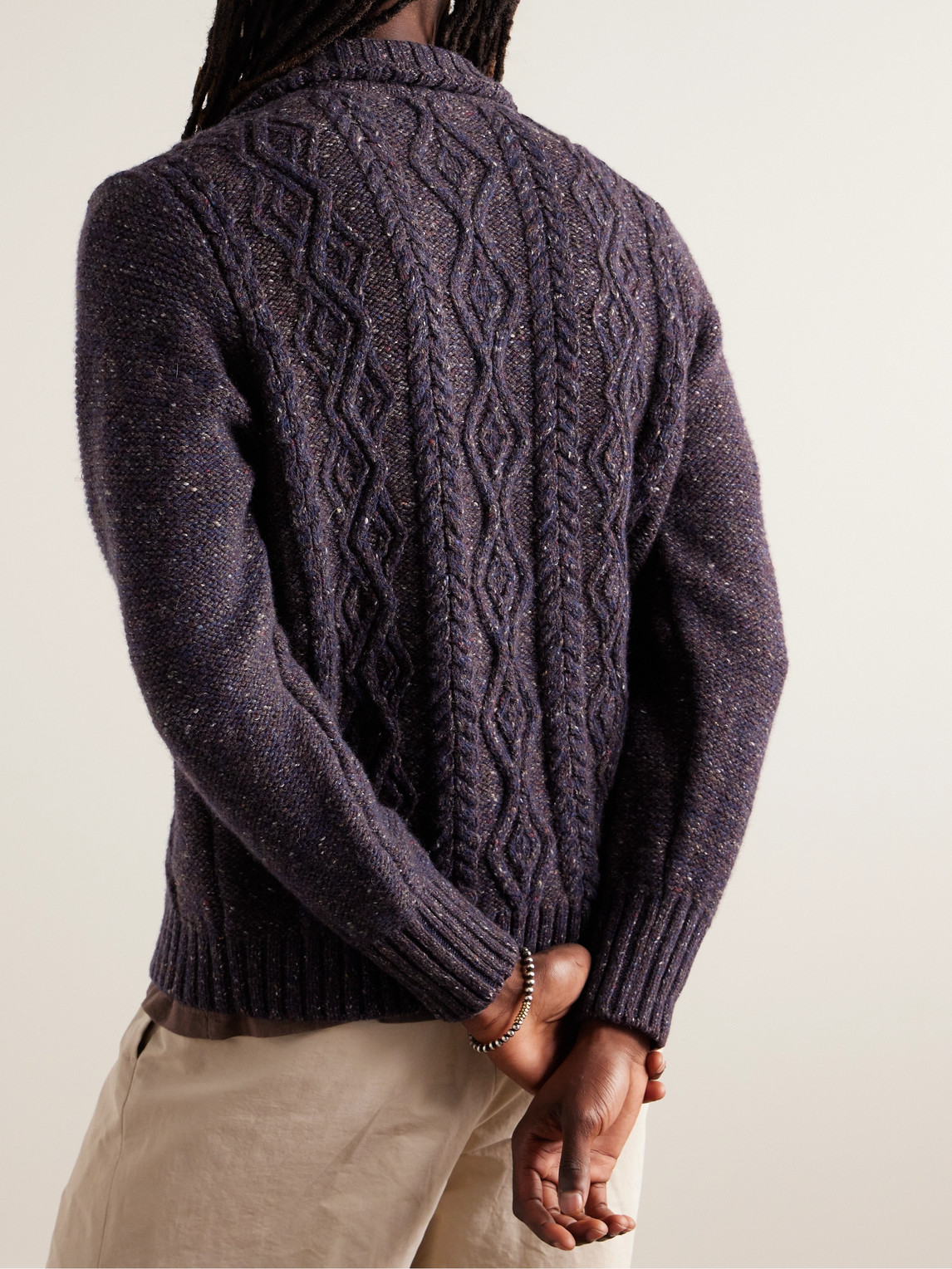 Shop Inis Meain Cable-knit Donegal Merino Wool And Cashmere-blend Zip-up Cardigan In Purple