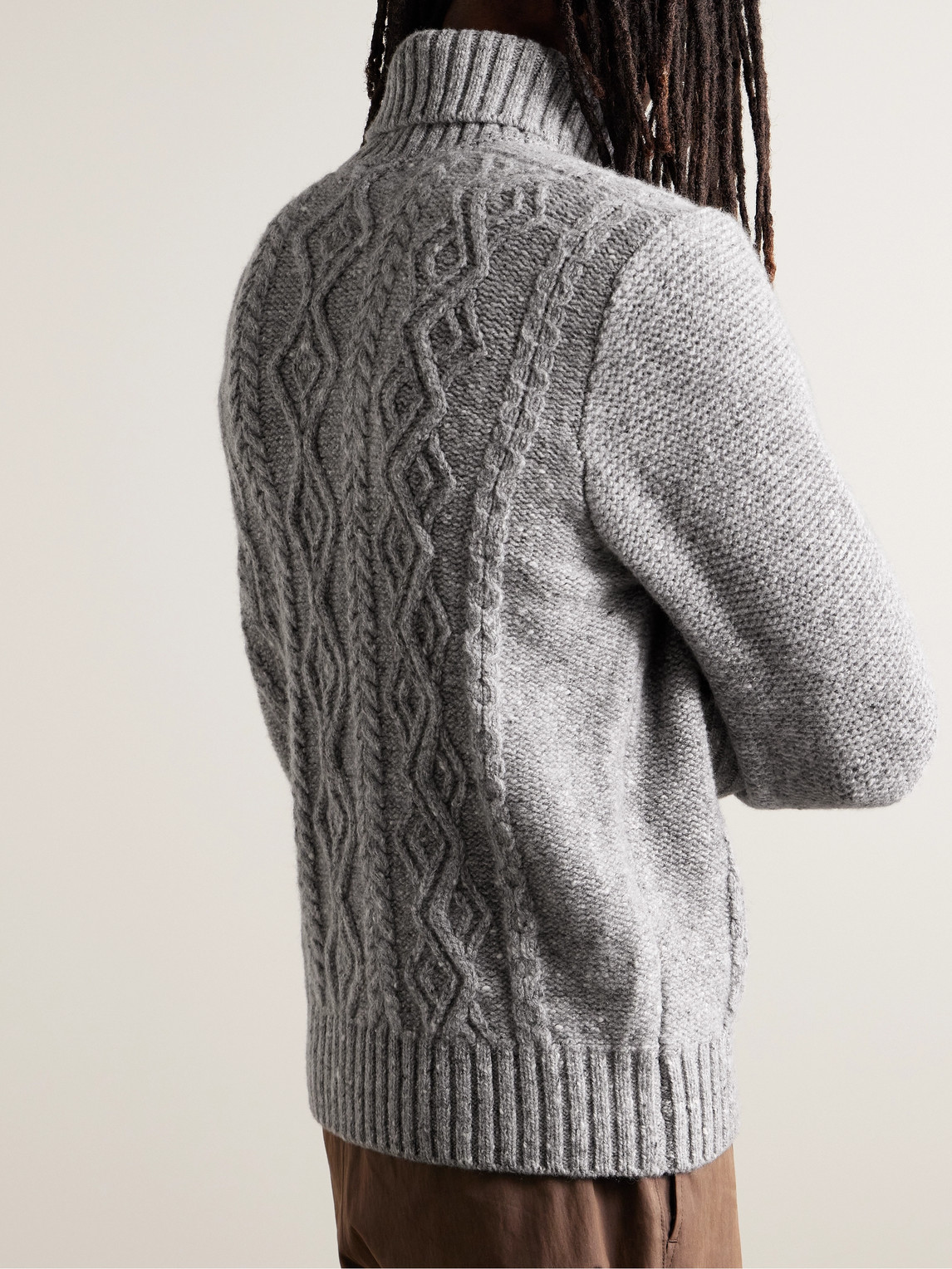 Shop Inis Meain Cable-knit Donegal Merino Wool And Cashmere-blend Rollneck Sweater In Gray