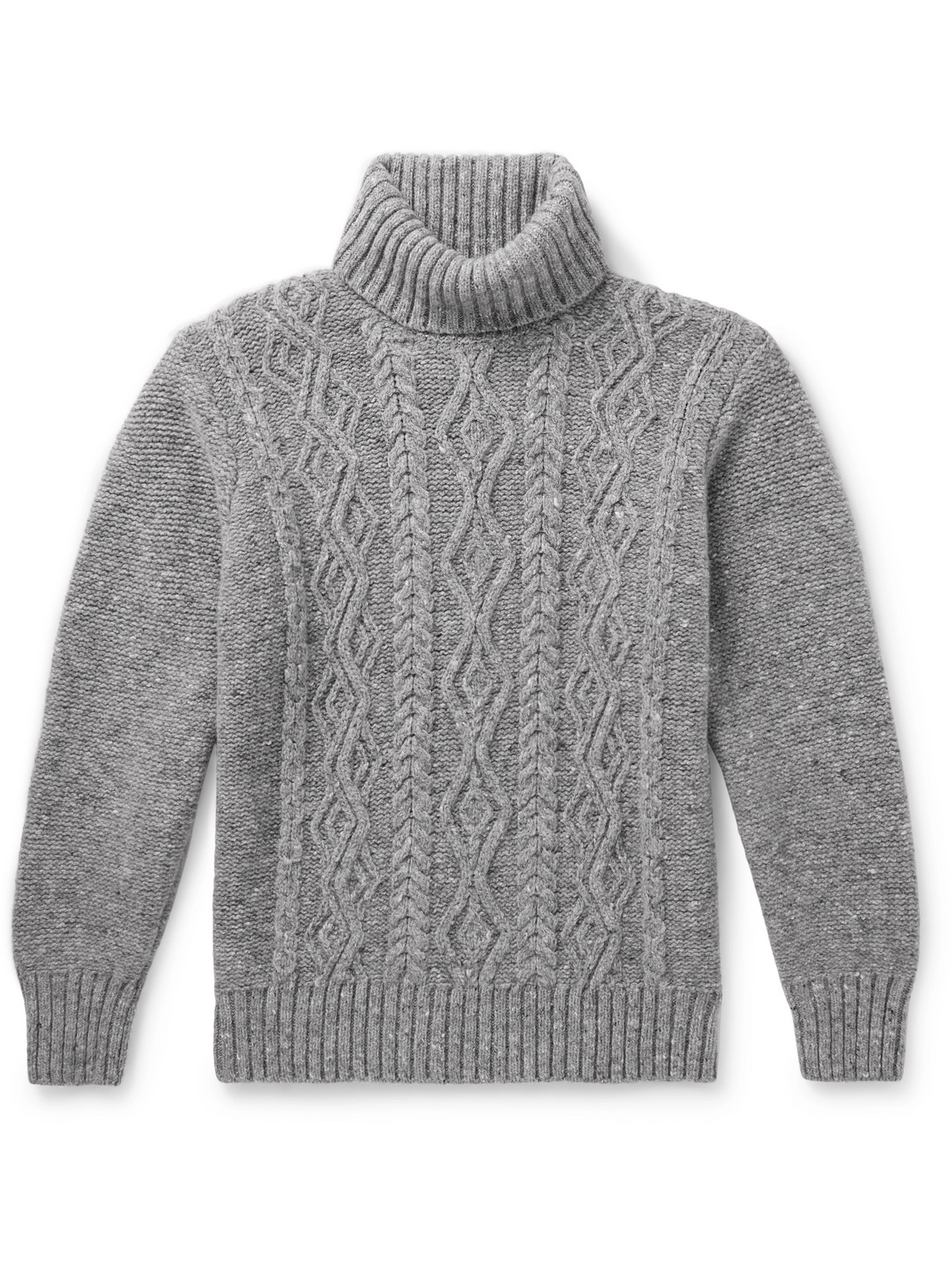 Inis Meain Cable-knit Donegal Merino Wool And Cashmere-blend Rollneck Sweater In Gray