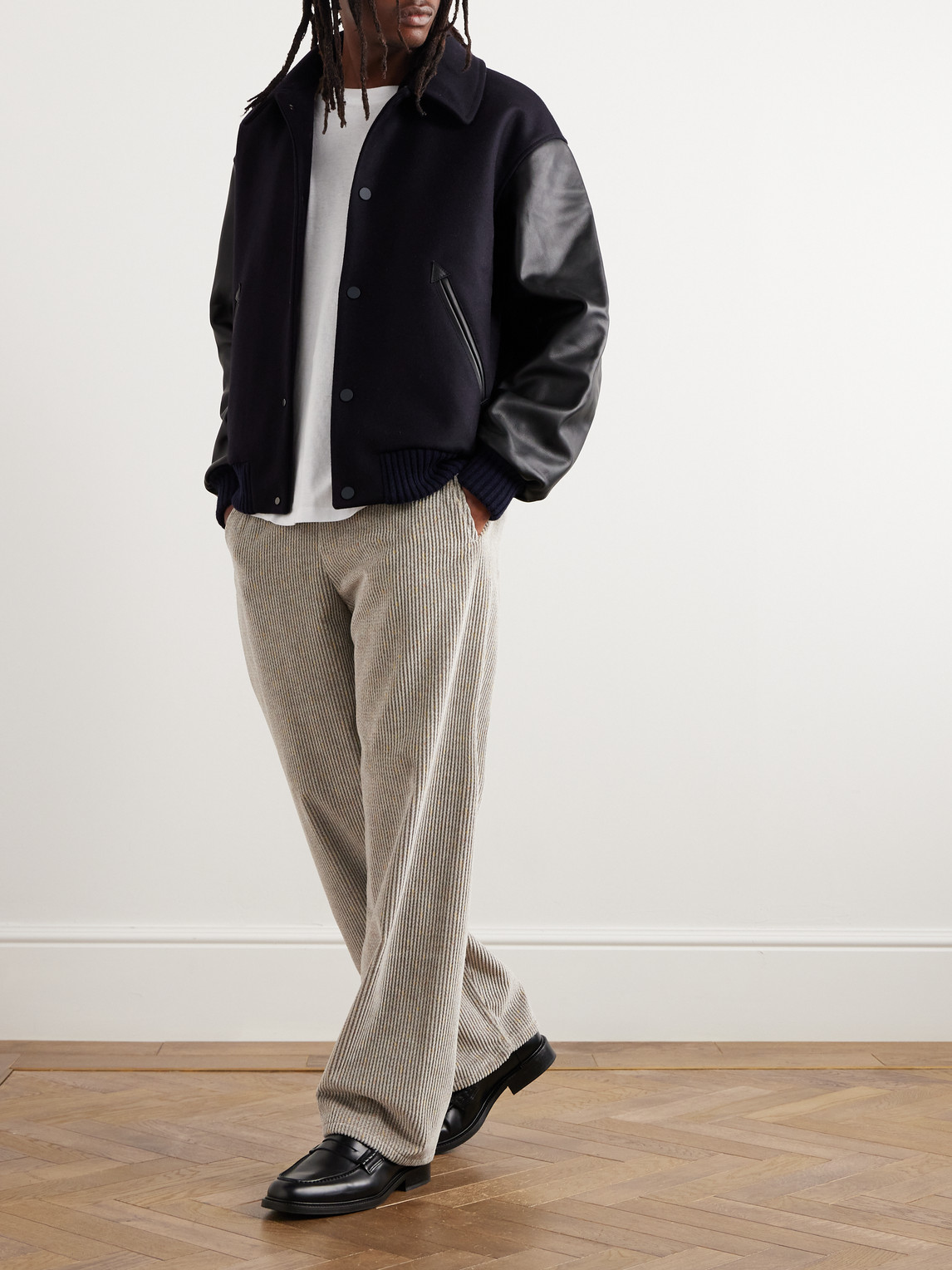 Shop A Kind Of Guise Bjarni Leather-trimmed Wool And Cashmere-blend Bomber Jacket In Blue