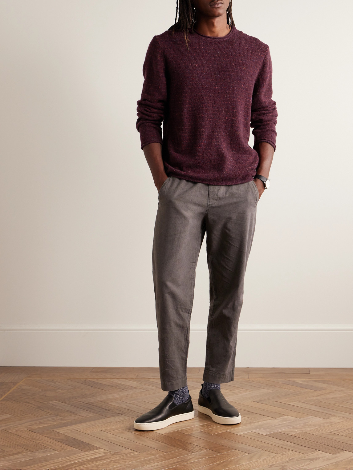 Shop Inis Meain Fanach Birdseye Merino Wool And Cashmere-blend Sweater In Burgundy