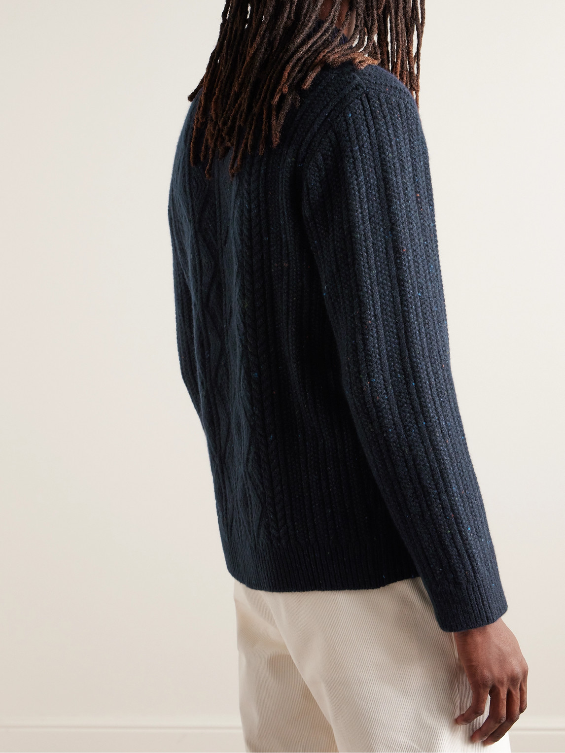 Shop Inis Meain Shawl-collar Cable-knit Donegal Merino Wool And Cashmere-blend Cardigan In Blue