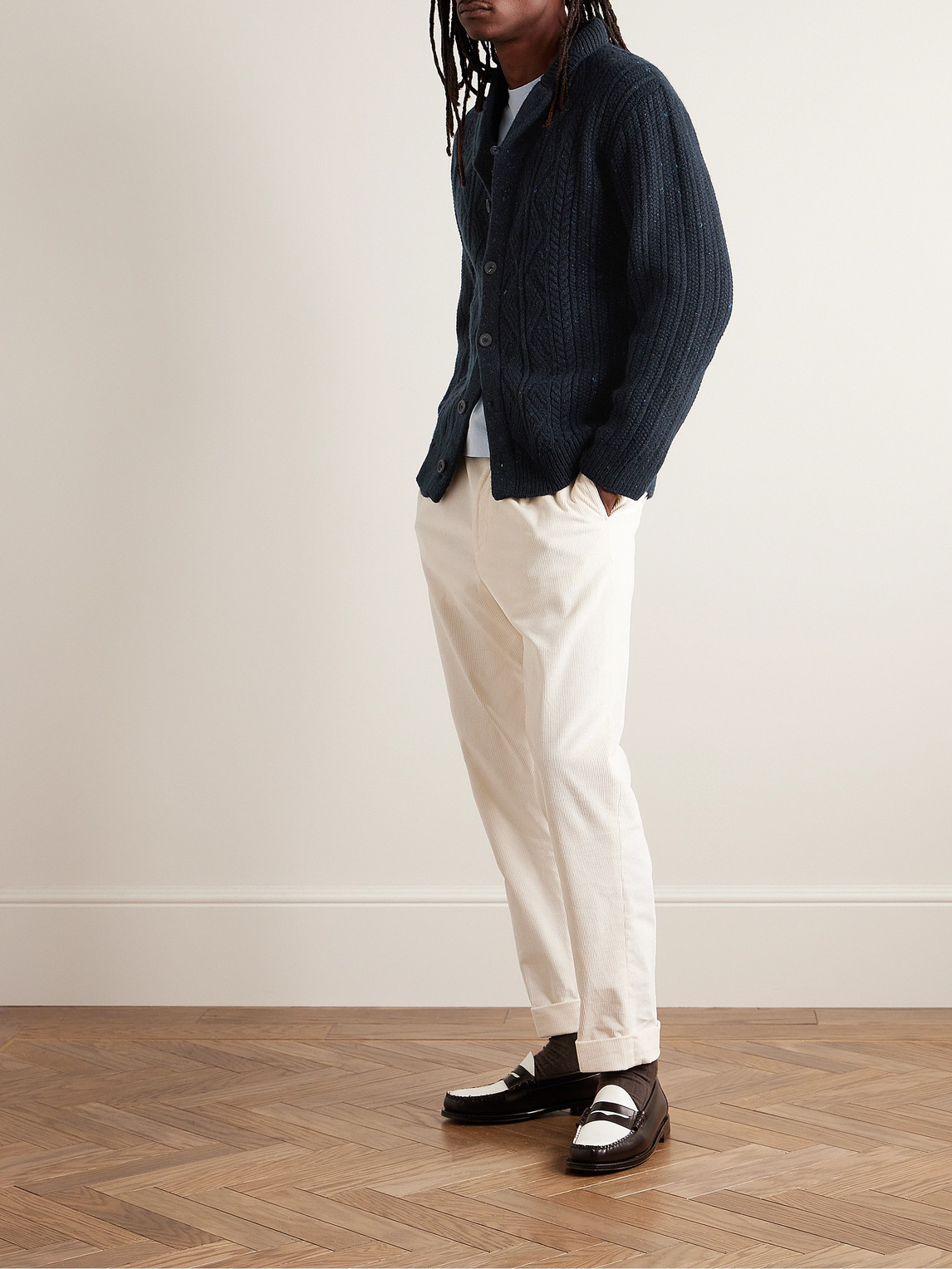 Shop Inis Meain Shawl-collar Cable-knit Donegal Merino Wool And Cashmere-blend Cardigan In Blue