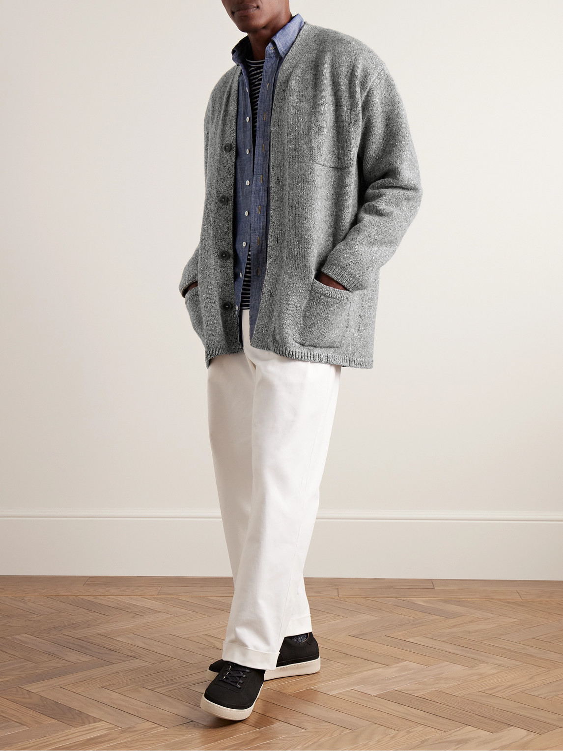 Shop Inis Meain Oversized Donegal Merino Wool And Cashmere-blend Cardigan In Gray