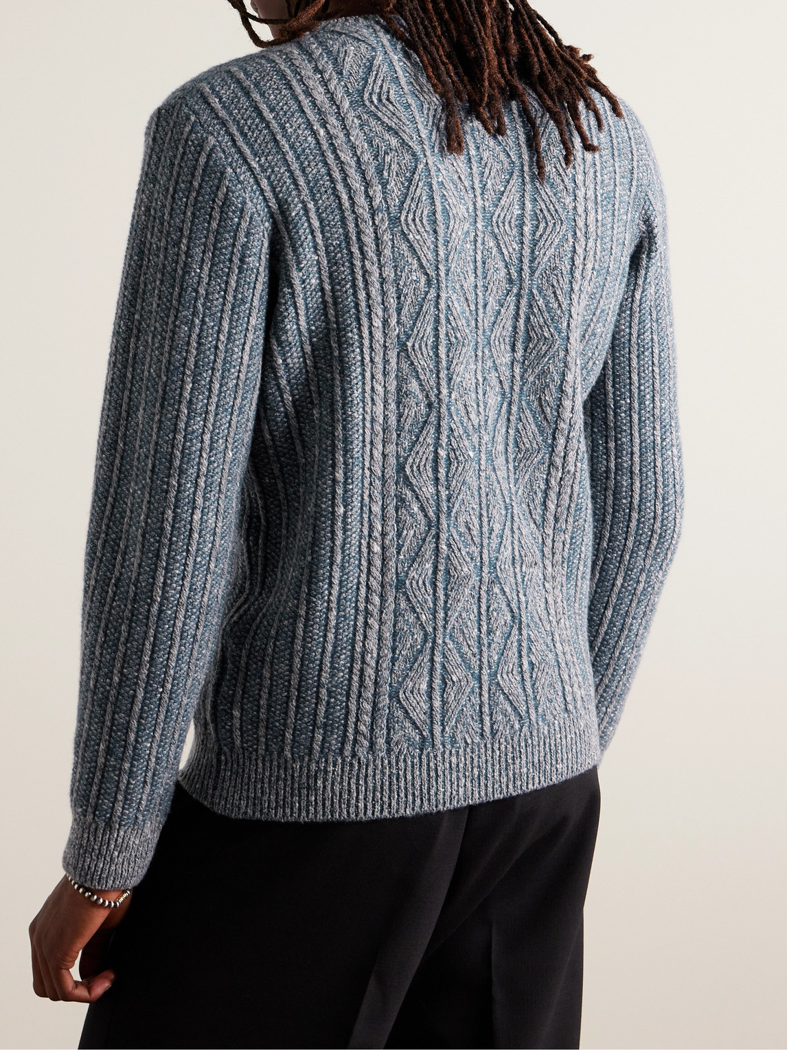 Shop Inis Meain Aran-knit Merino Wool And Cashmere-blend Sweater In Blue