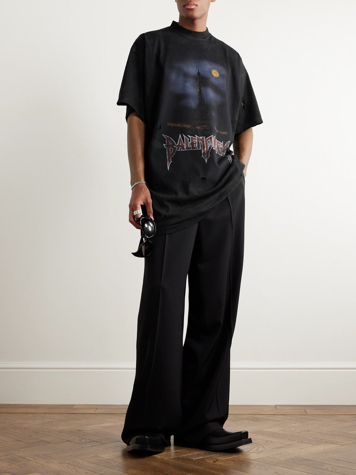 Shop Balenciaga Logo-print Distressed Cotton-jersey T-shirt In Black