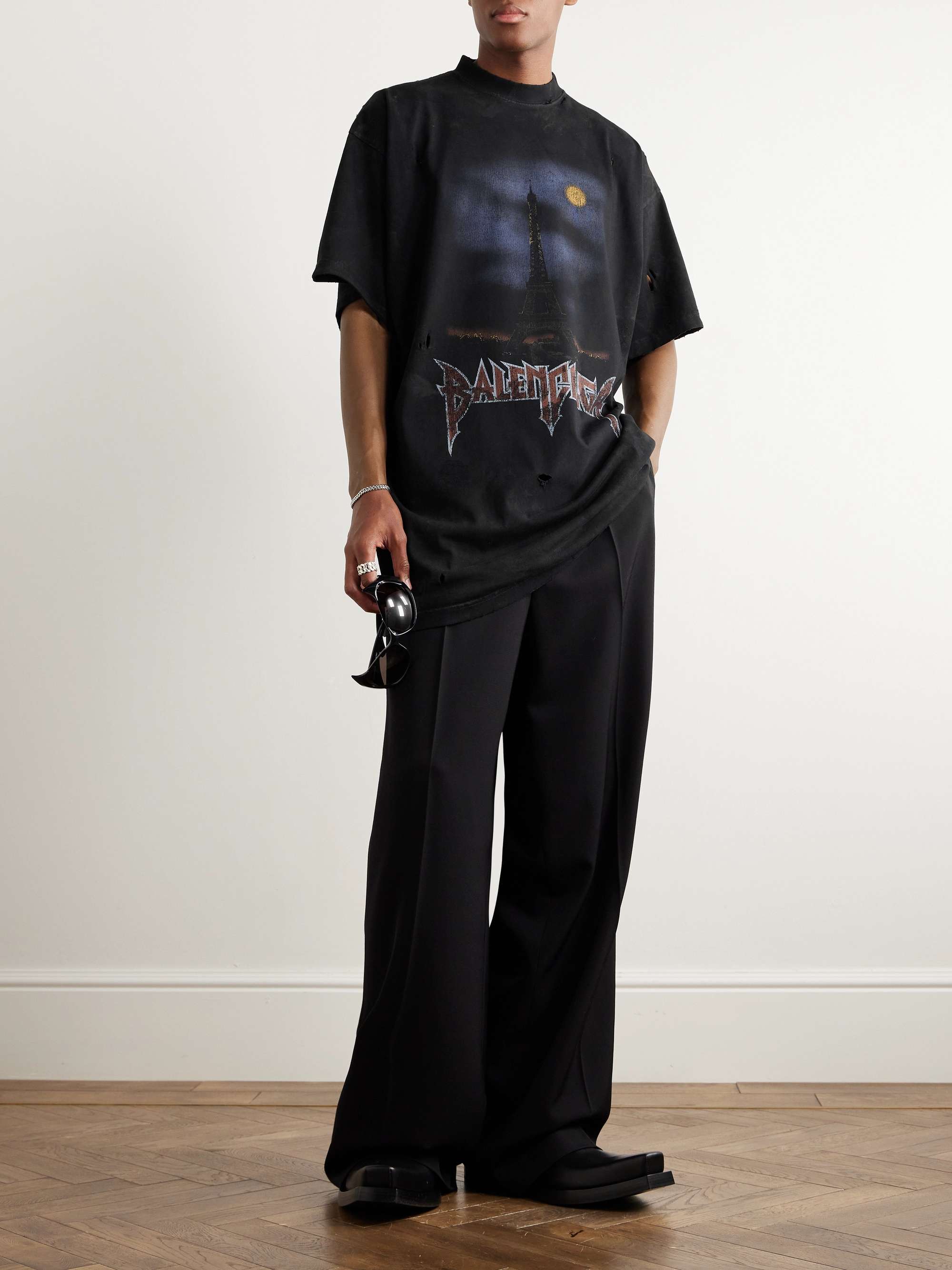 BALENCIAGA Oversized distressed printed cotton-jersey T-shirt