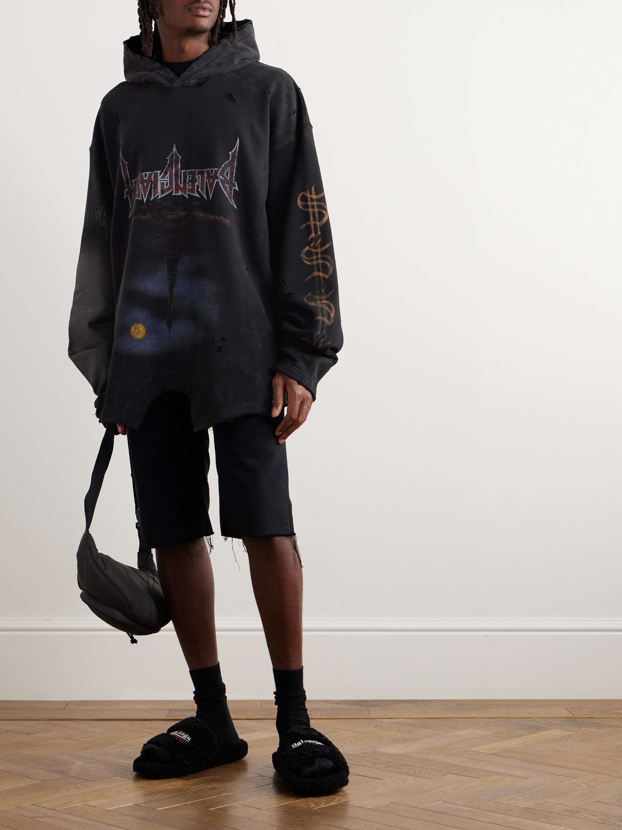 Oversized Distressed Printed Cotton-Jersey Hoodie