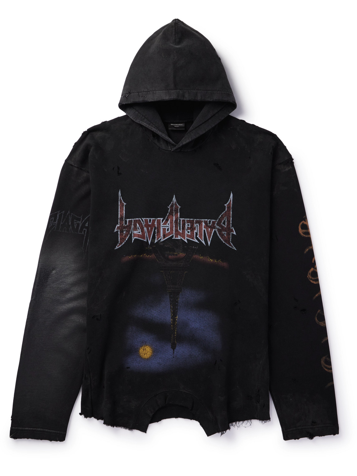 Balenciaga Oversized Distressed Printed Cotton-jersey Hoodie In Black