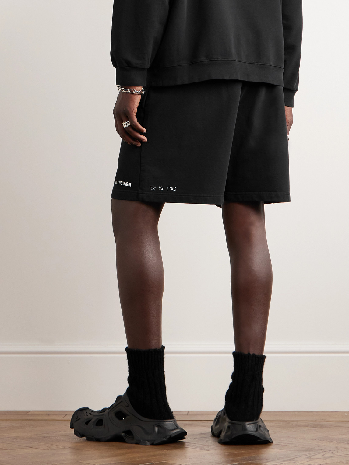 Shop Balenciaga Straight-leg Logo-print Cotton-jersey Shorts In Black