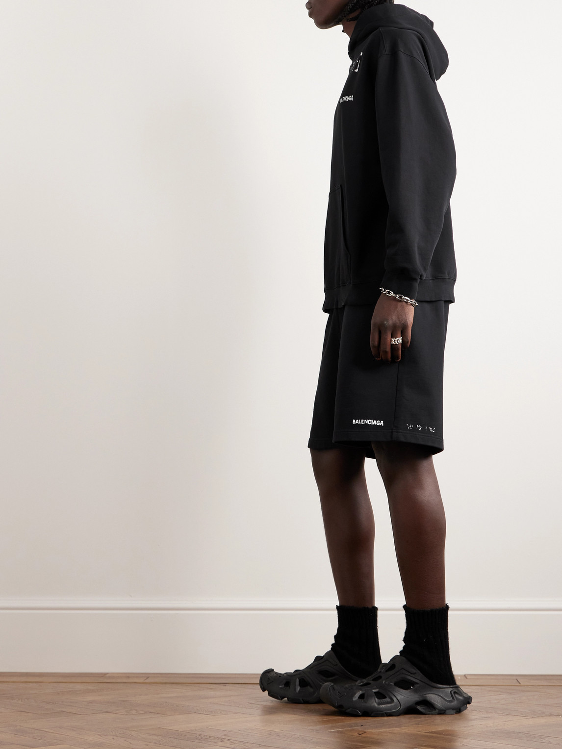 Shop Balenciaga Straight-leg Logo-print Cotton-jersey Shorts In Black
