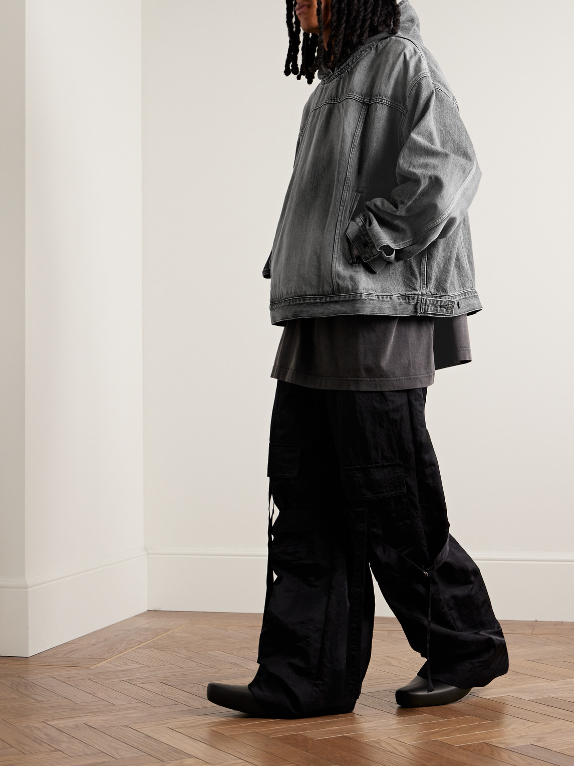 Shop Balenciaga Distressed Denim Hooded Jacket In Black