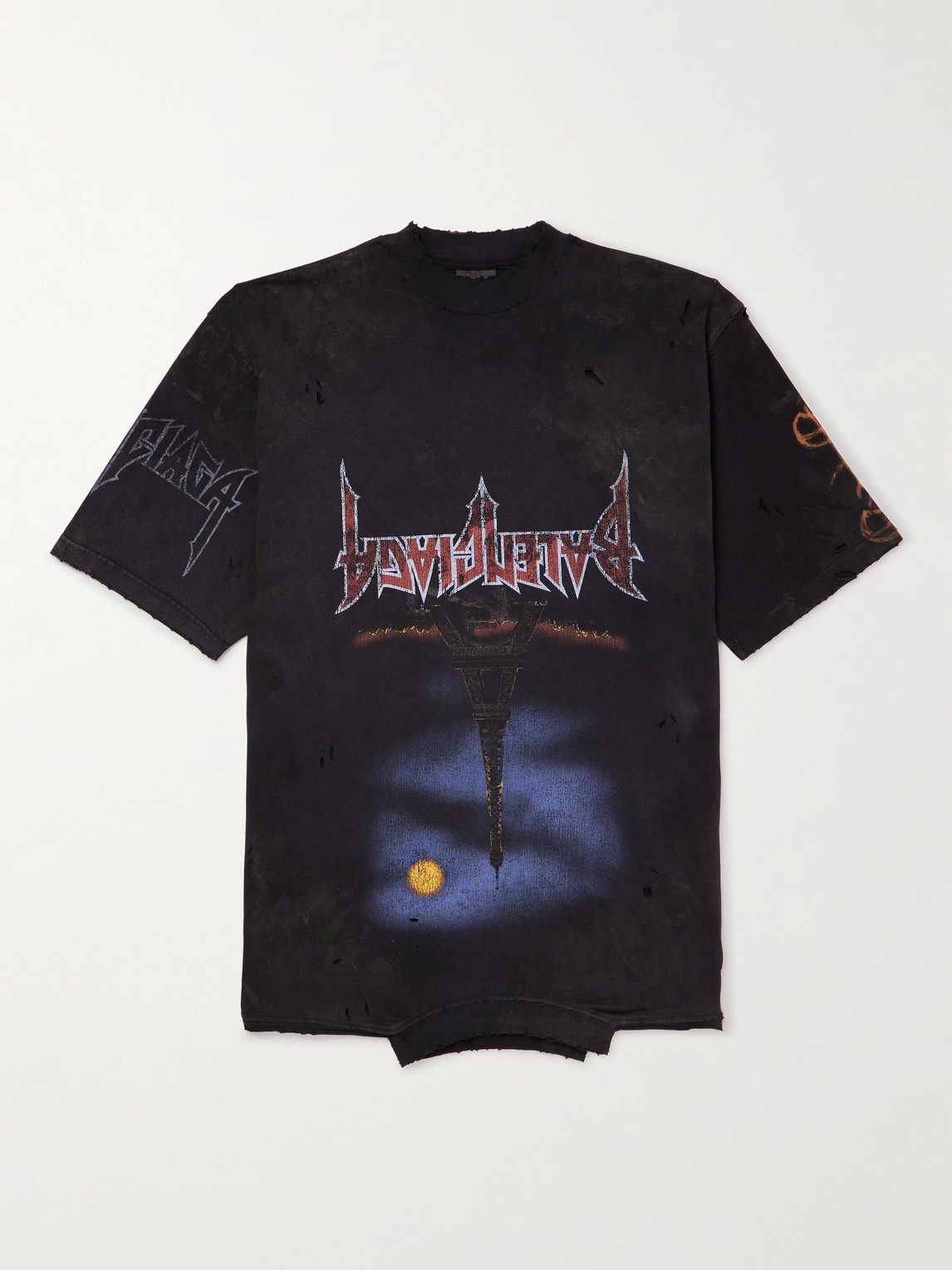 Shop Balenciaga Upside Down Distressed Printed Cotton-jersey T-shirt In Black