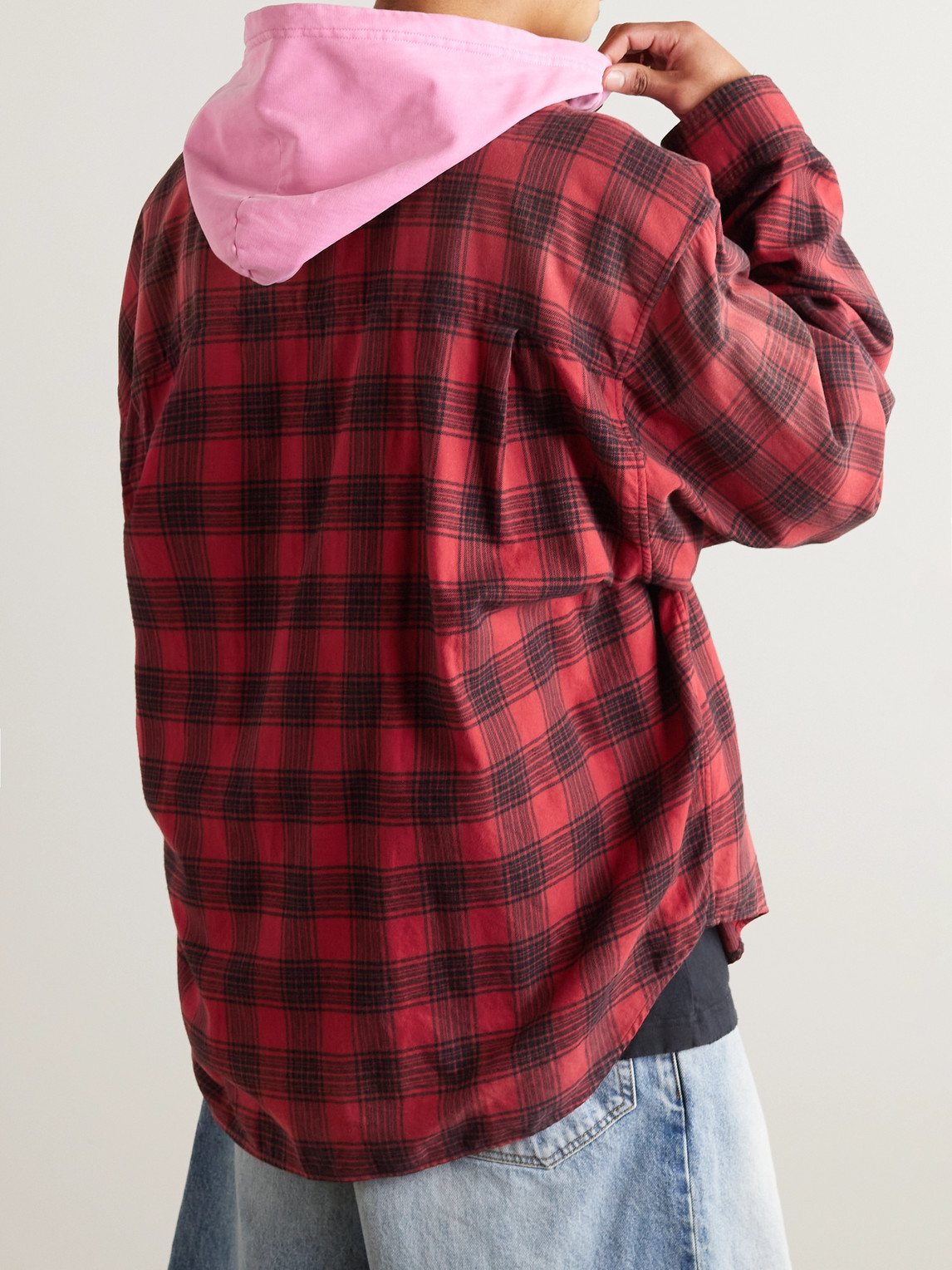 Shop Balenciaga Checked Jersey-trimmed Cotton-flannel Hooded Shirt In Red