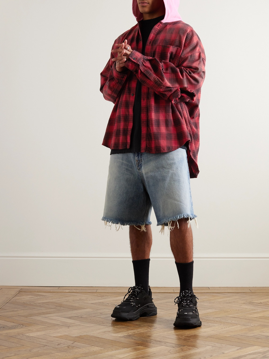 Balenciaga Checked Jersey-Trimmed Cotton-Flannel Hooded