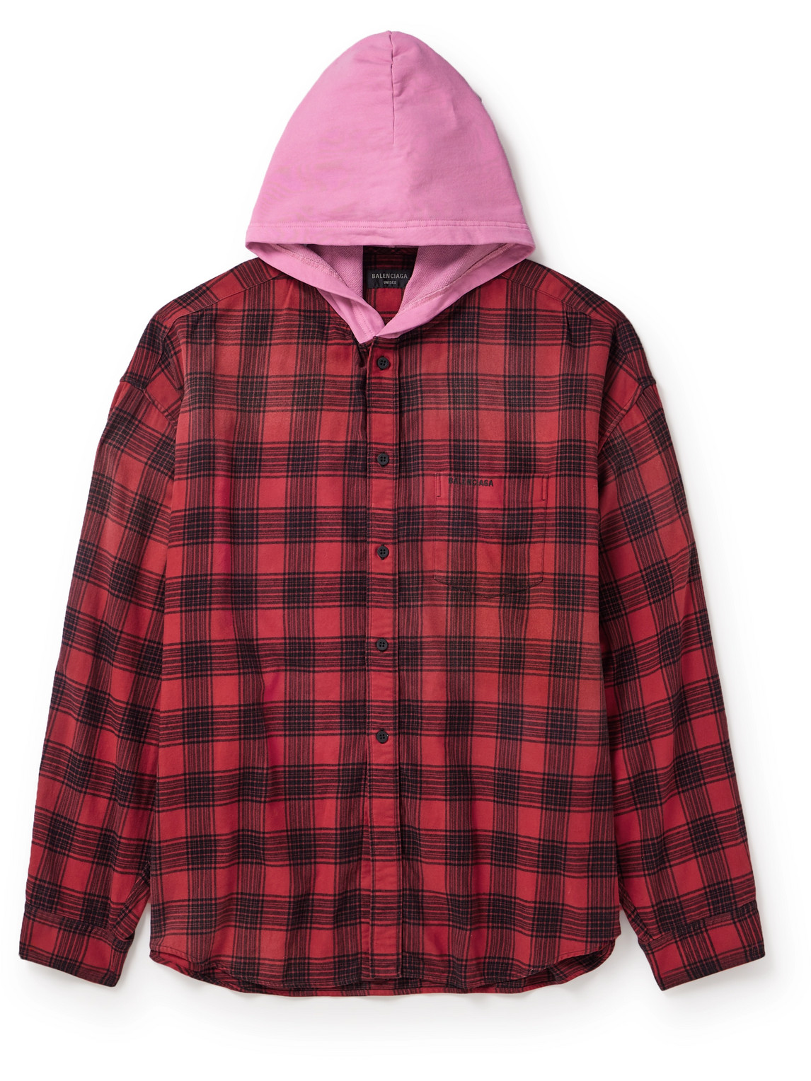 Balenciaga Checked Jersey-trimmed Cotton-flannel Hooded Shirt In Red